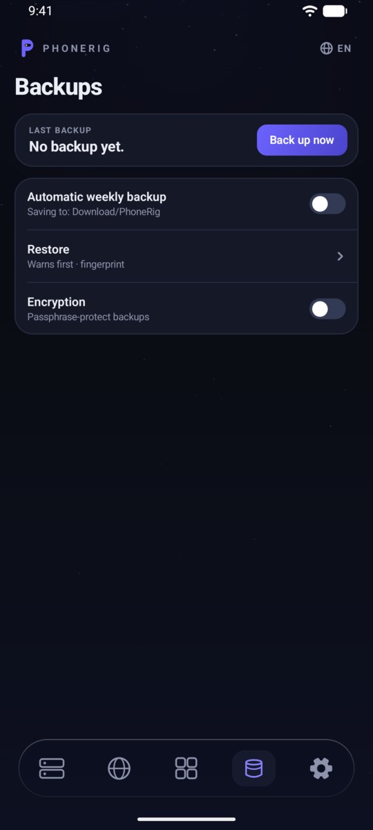 Backups tab