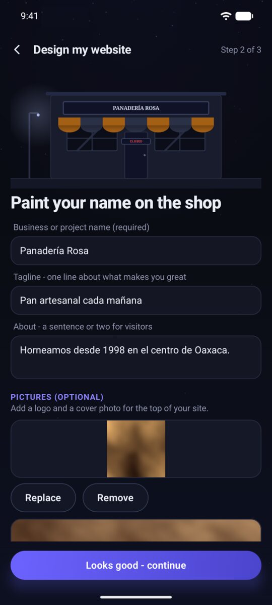 Site builder step 2: add your details
