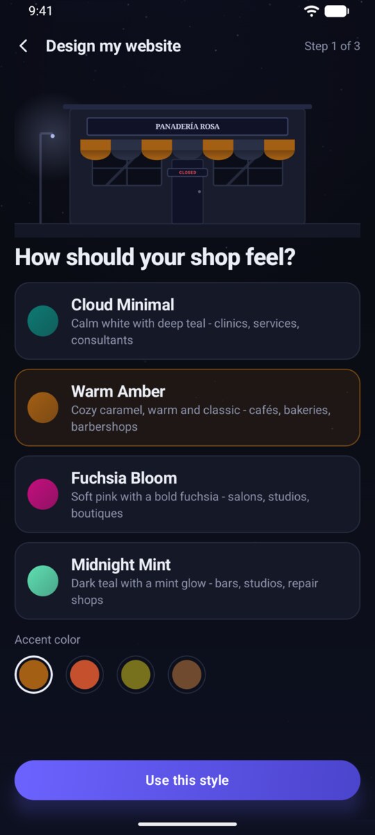 Choosing a style in PhoneRig's built-in site builder