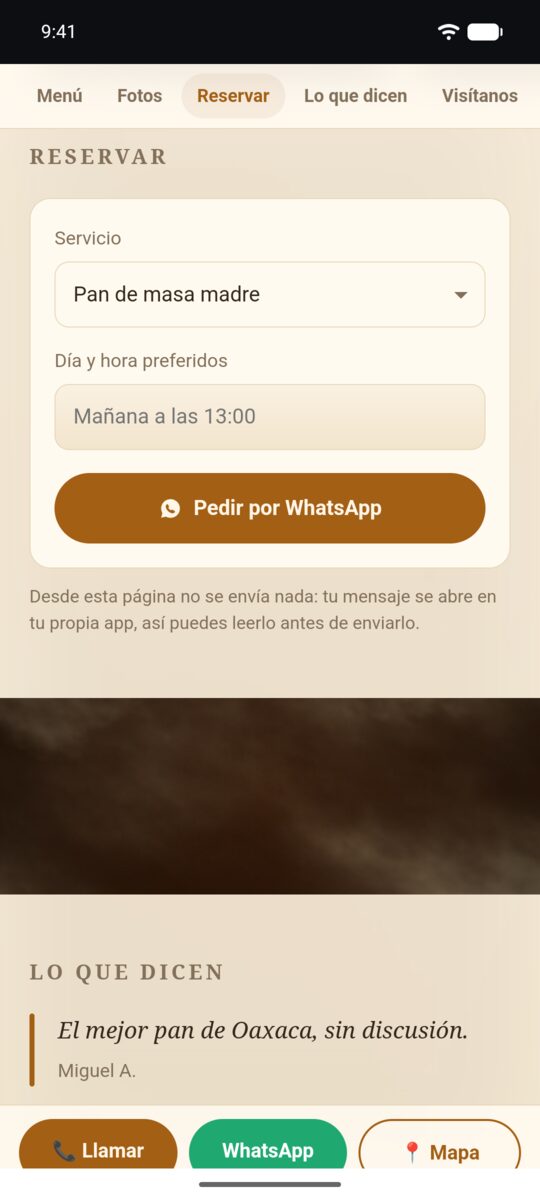 The booking step of a PhoneRig site: pick a service and a time, sent by WhatsApp